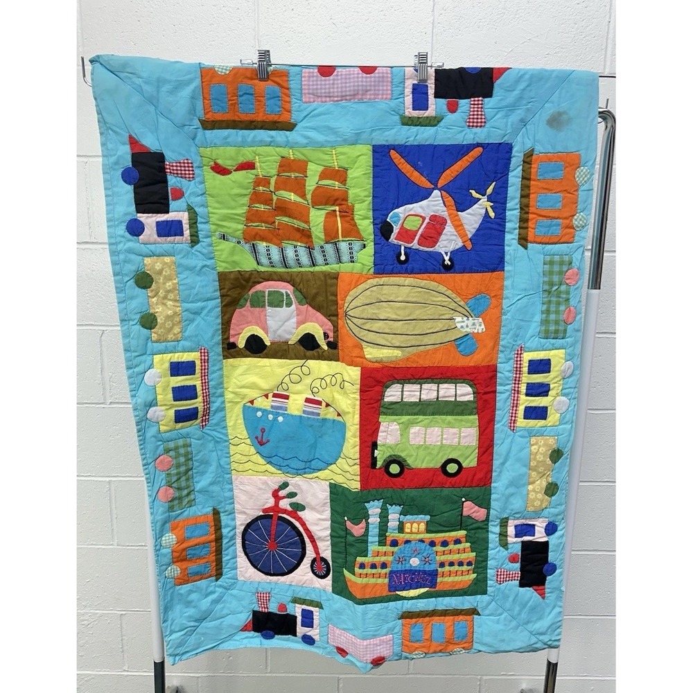 Handmade Kids Baby Pieced Quilt Blanket Helicopter Ship Bus Bicycle Plane‎
